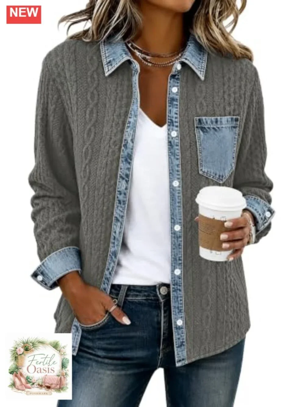 Womens Denim Patchwork Shacket Button Down Loose Jacket Coat